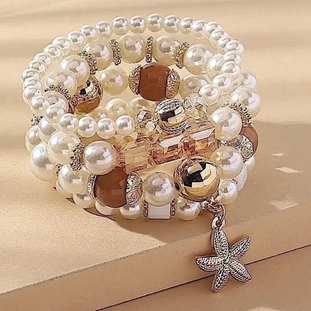 🌟Chic White Pearl & Crystal Stretch Bracelets Nautical Beachy Vacation Jewelry